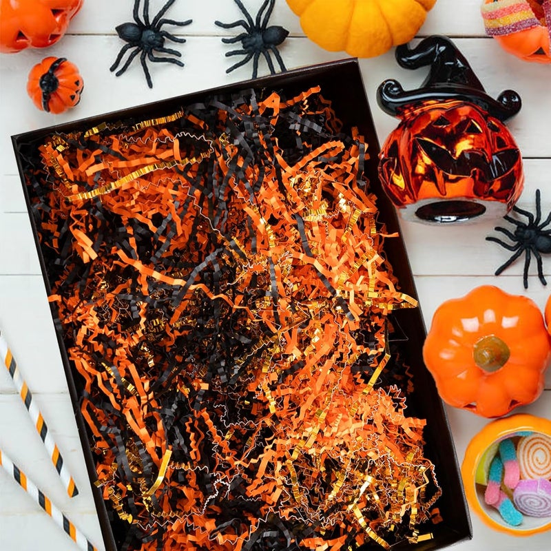 Gloreyan 3 Colors Halloween Crinkle Cut Paper Shred, Black Orange Gold Raffia Paper Sherd Filler Grass for Gift Wrapping Basket Filling Birthdays Weddings Party Supply(10.6 oz) - Image 4